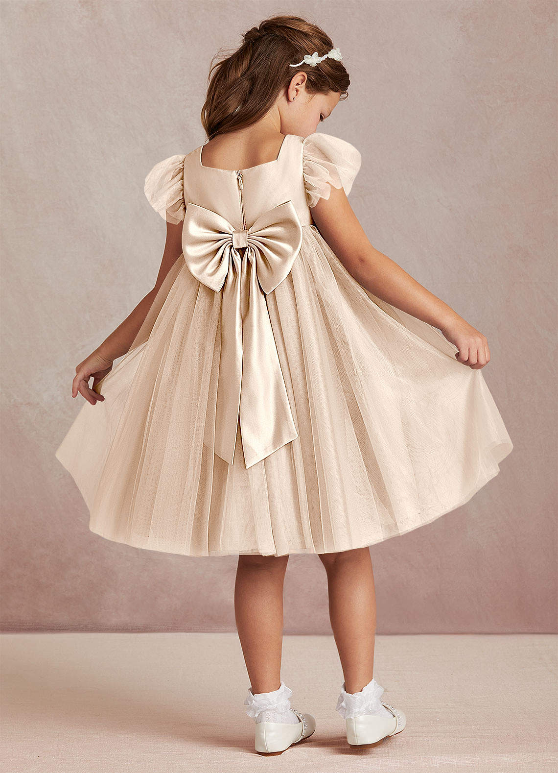 Azazie Kalio Flower Girl Dresses White Alabaster A-Line with Sleeves Tulle Dress image1