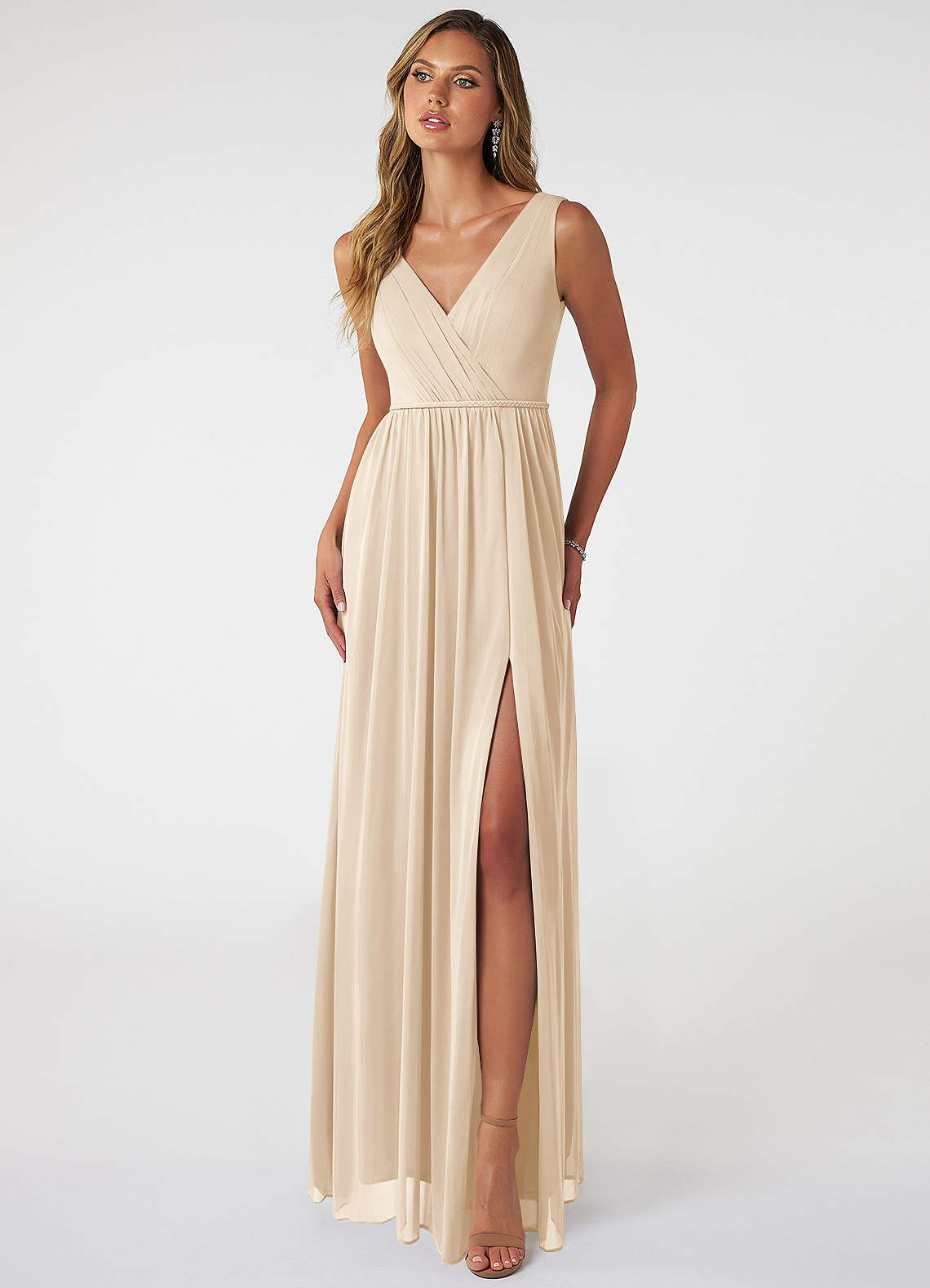 Azazie Tanicia Bridesmaid Dresses Champagne A-Line V-Neck Pleated Mesh Dress image1