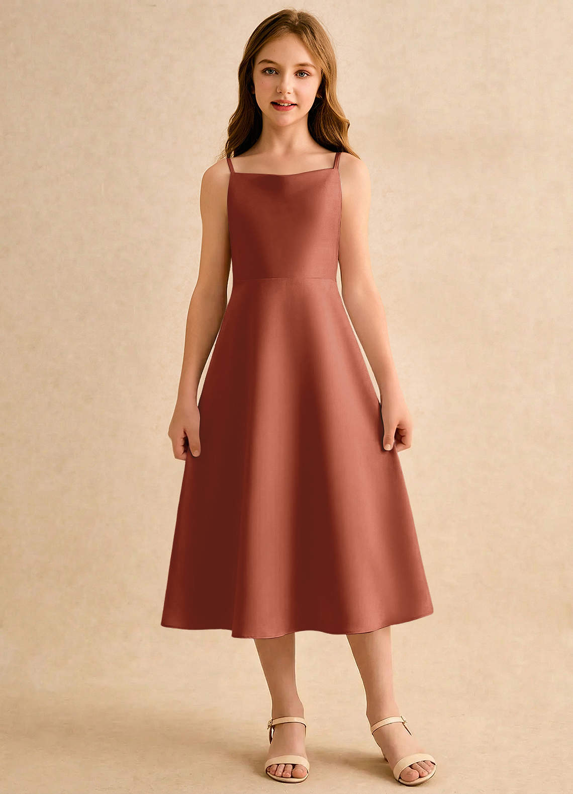 Azazie Jaella Girls Formal Kukkatyttöjen mekot A-linja Laskostettu Matta satiini Tee-pituus Mekko image2