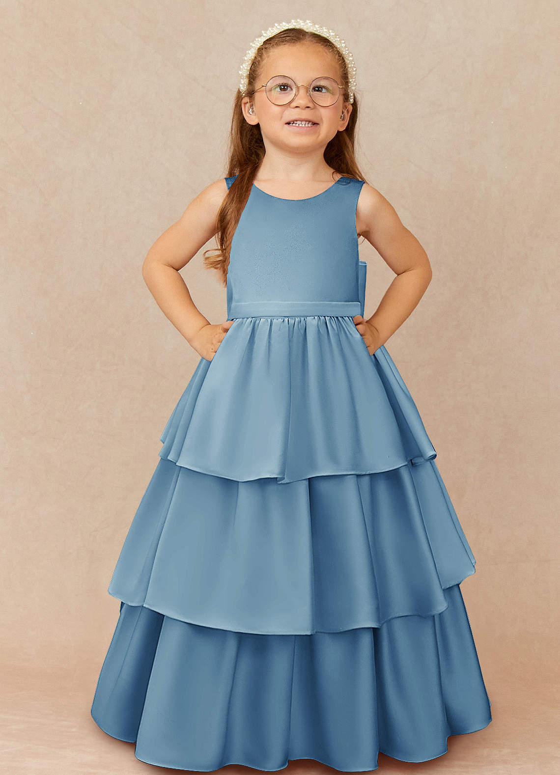 Azazie Margie Flower Girl Dresses Steel Blue A-Line Bow Stretch Satin Dress image1