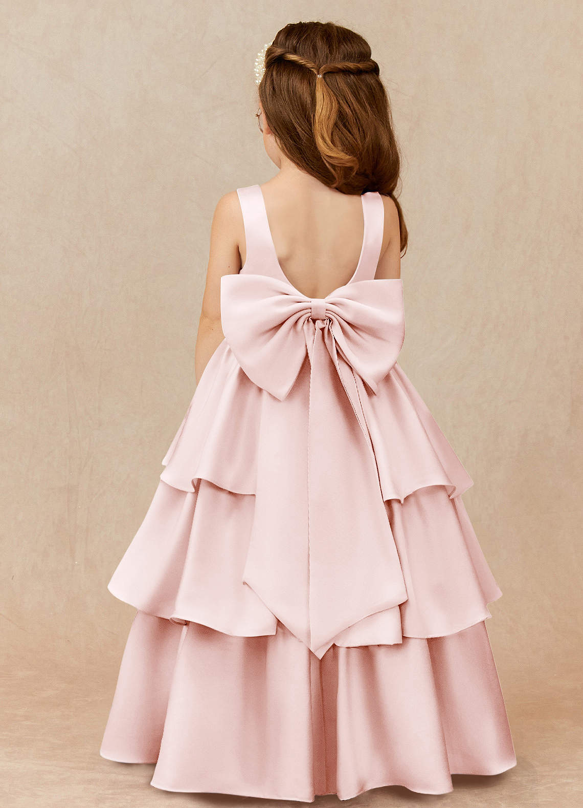 Azazie Margie Flower Girl Dresses Blushing Pink A-Line Bow Stretch Satin Dress image1