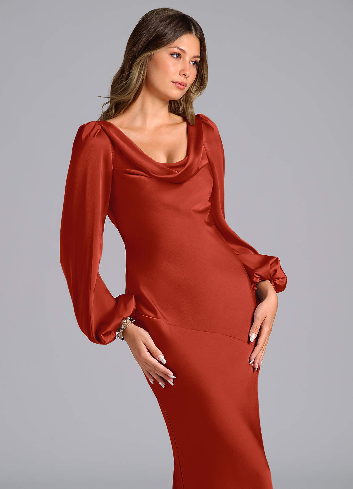 Azazie Melani Ready to Ship Rust Stretch Satin Bridesmaid Dresses | Azazie