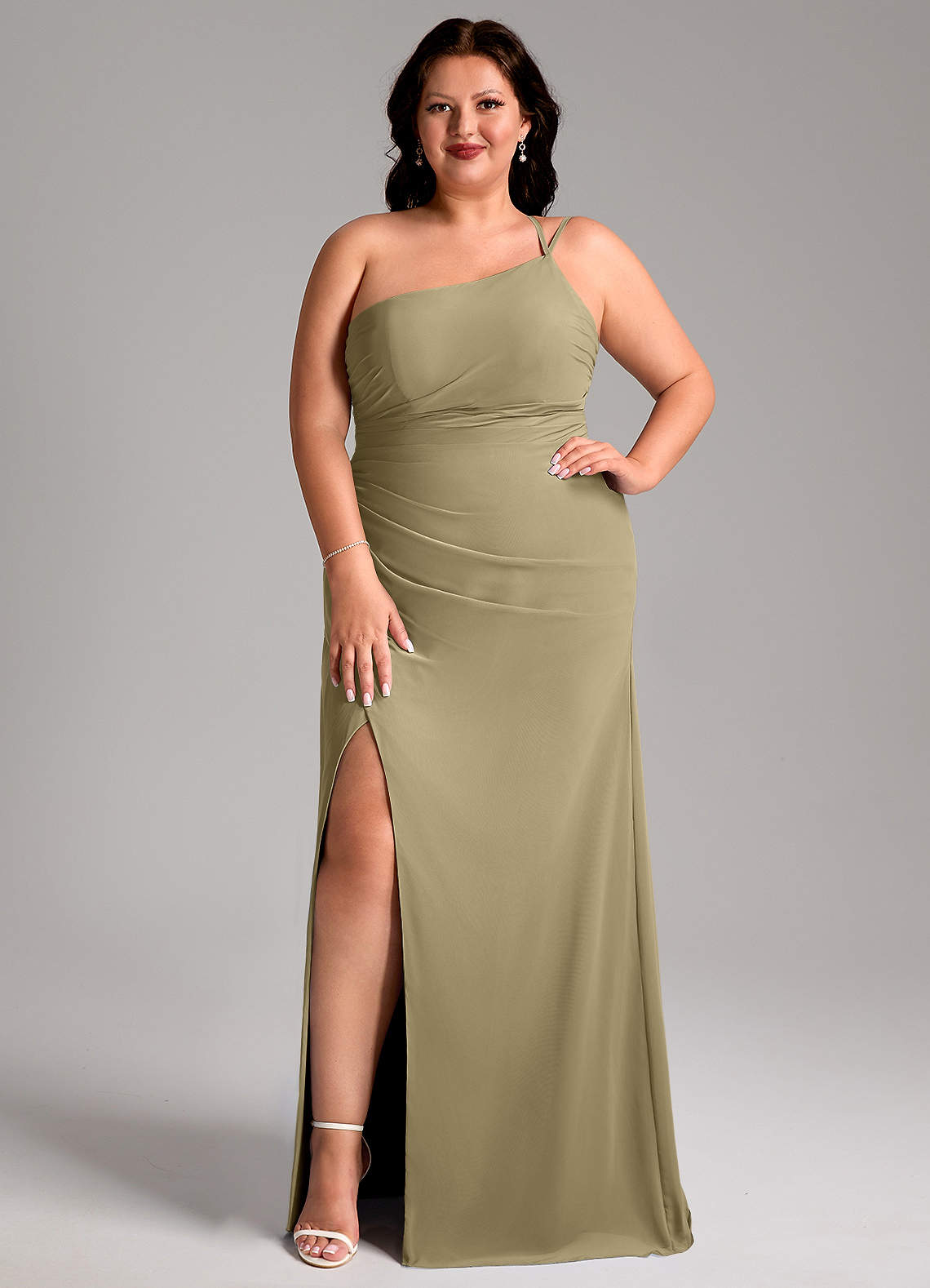 Azazie Eren Jurken voor bruidsmeisjes Jurk van Chiffon met Kolom One-Shoulder Mosgroen image1