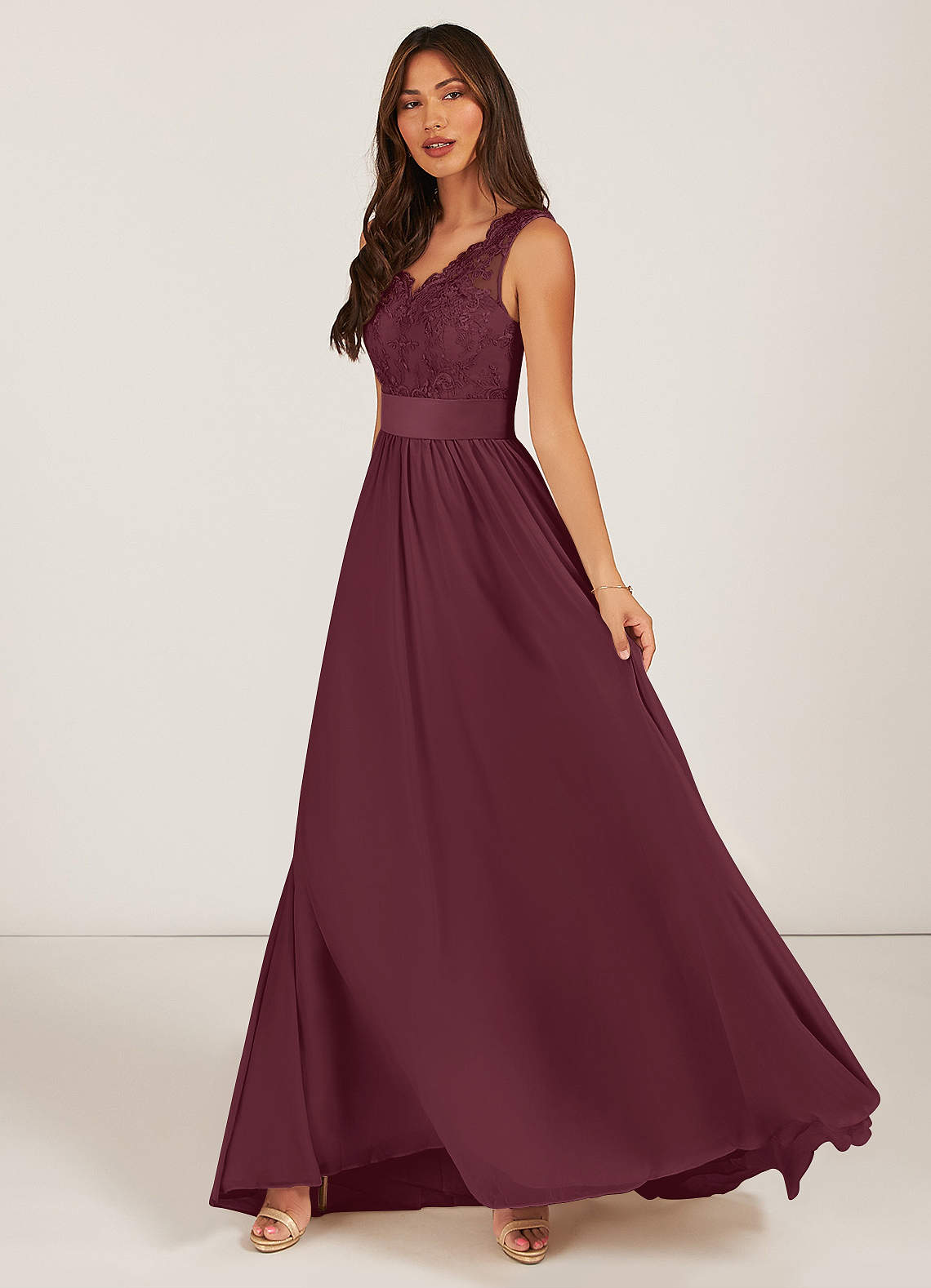 Azazie Gertrude Bridesmaid Dresses Cabernet A-Line Lace Chiffon Dress image2