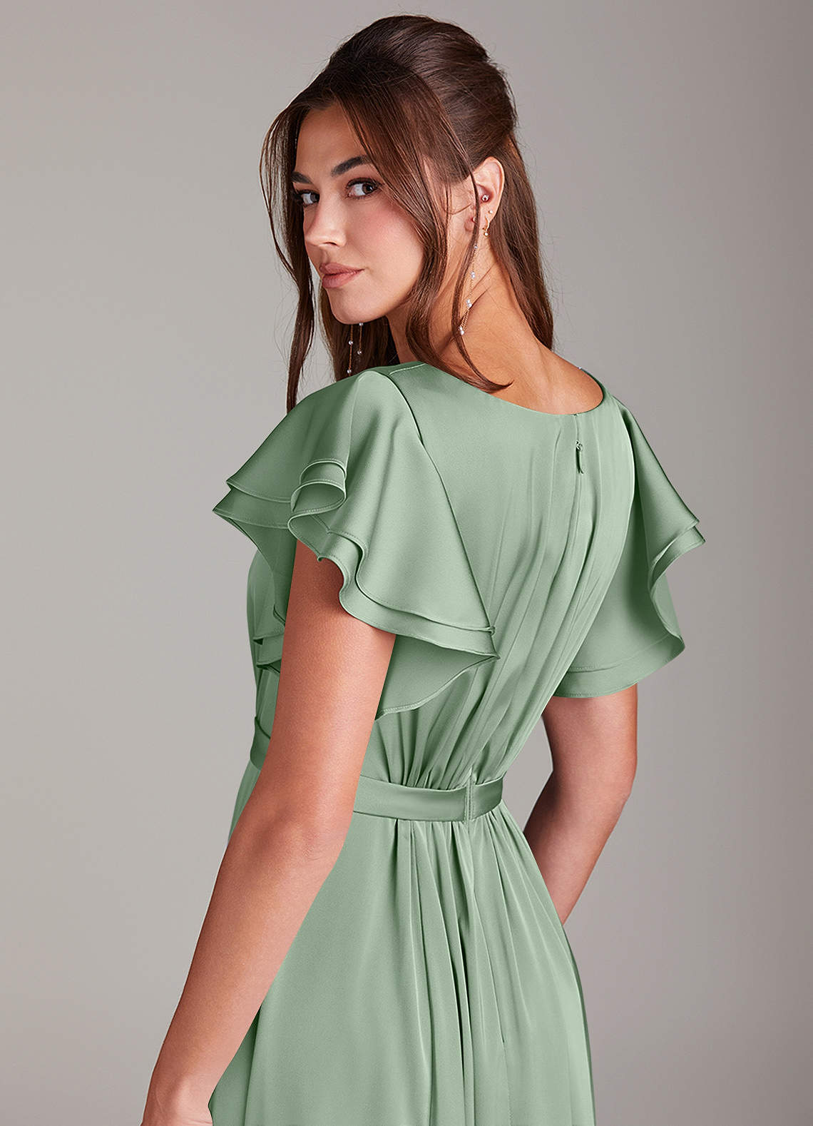 Azazie Daphne Robes de demoiselle d'honneur modestes Robe Trapèze Rayé Longueur ras du sol Satin extensible image1