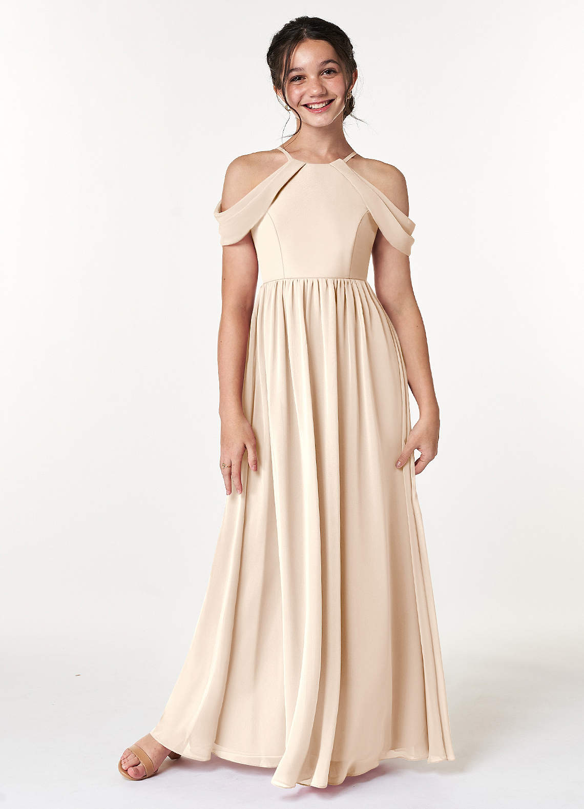 Azazie Seneca Junior White Alabaster A-Line Off the Shoulder Chiffon Dress image1