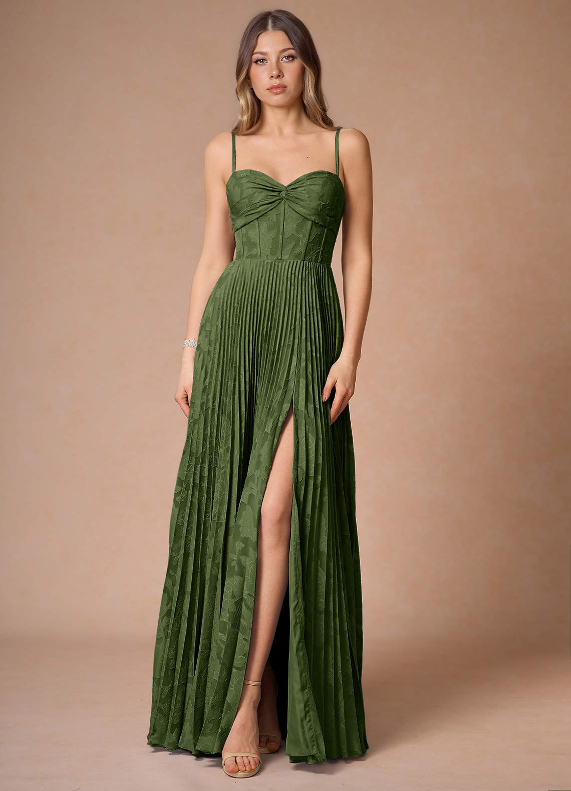 Akiko Olive Pleated Maxi Dress | Azazie CA