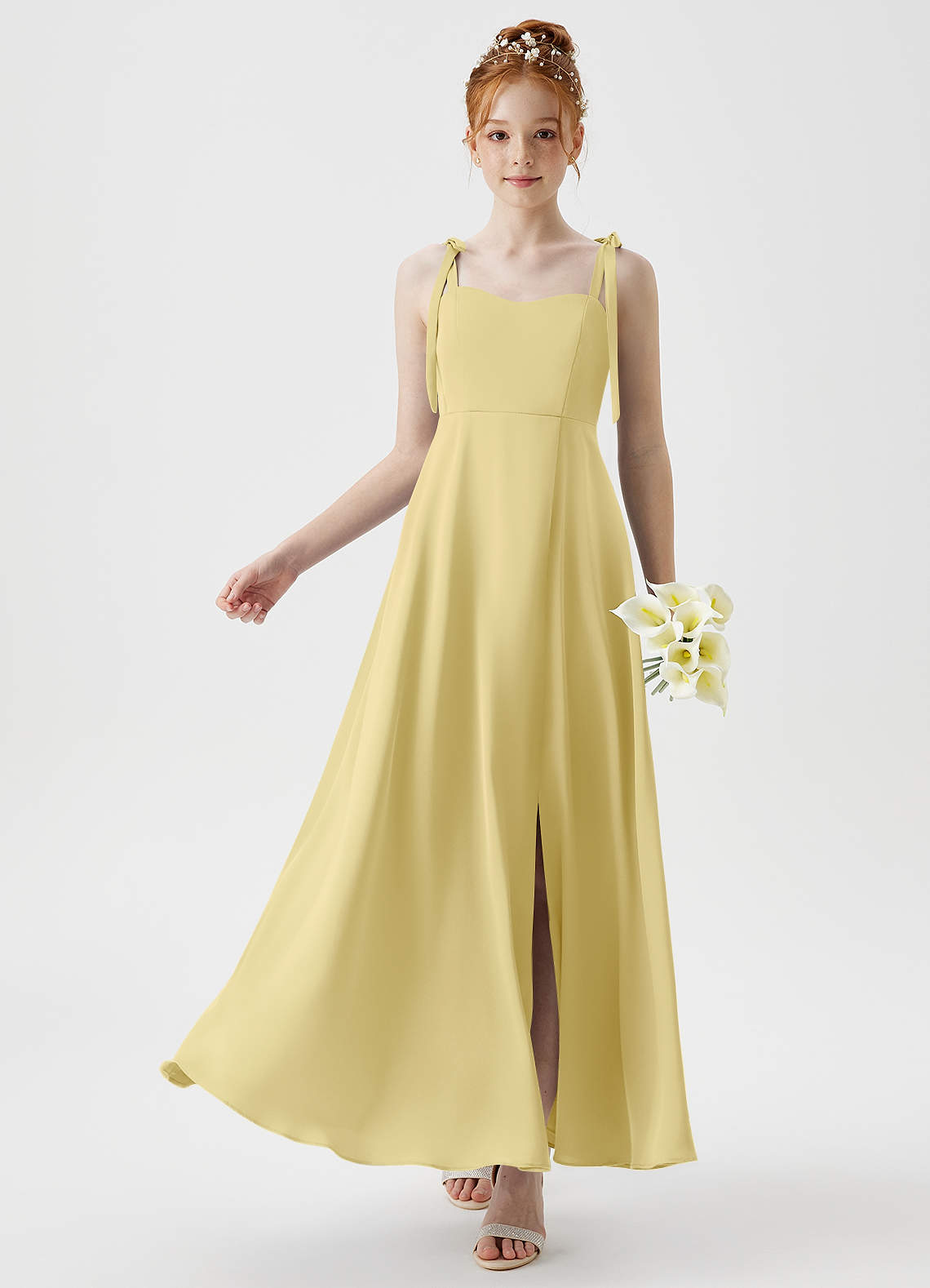 Azazie Rosey Junior Robe Trapèze en Satin extensible Encolure en Forme de Cœur Sorbet Citron image1