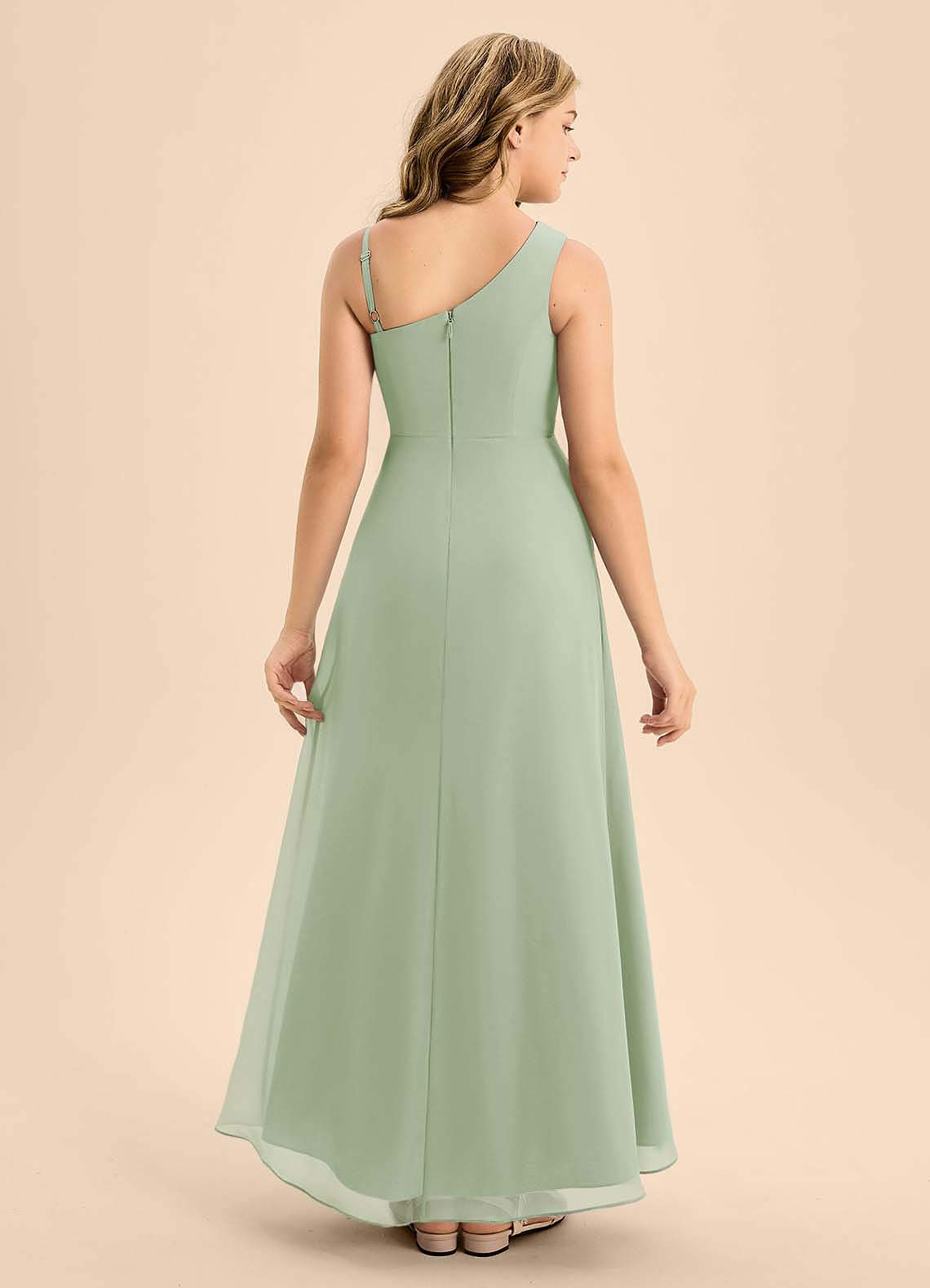 Azazie Brooke Junior Robe Trapèze en Mousseline de soie Fente Latérale Vert Sauge image1