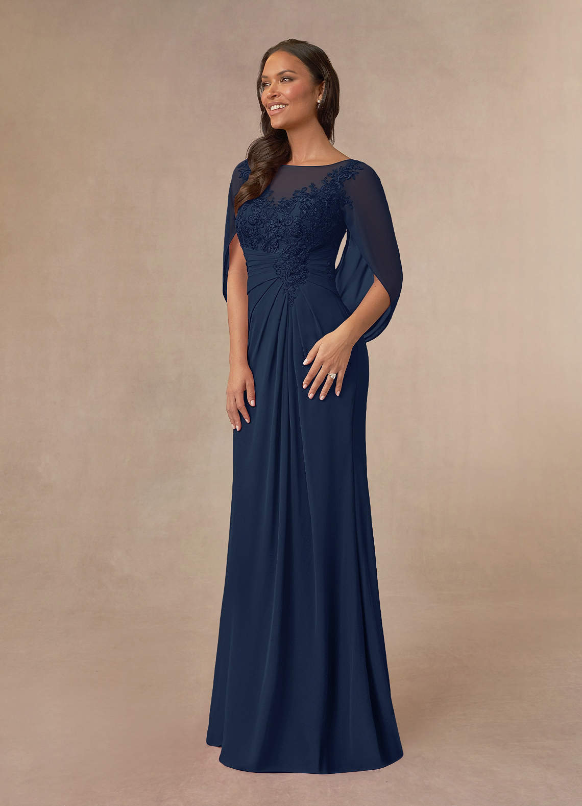 Azazie Hera Mother of the Bride Dresses Dark Navy A-Line Lace Capelet Chiffon Dress image1