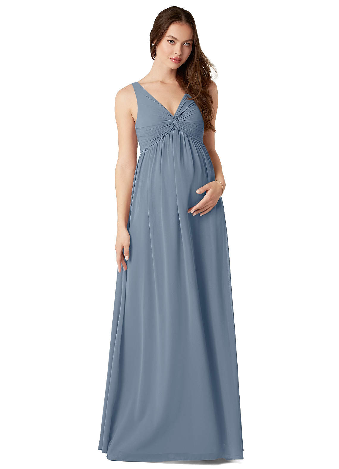 Azazie Yetta Brautjungfernkleider für Schwangere A-Linie V-Hals Versammelt Chiffon Bodenlänge Kleid image1
