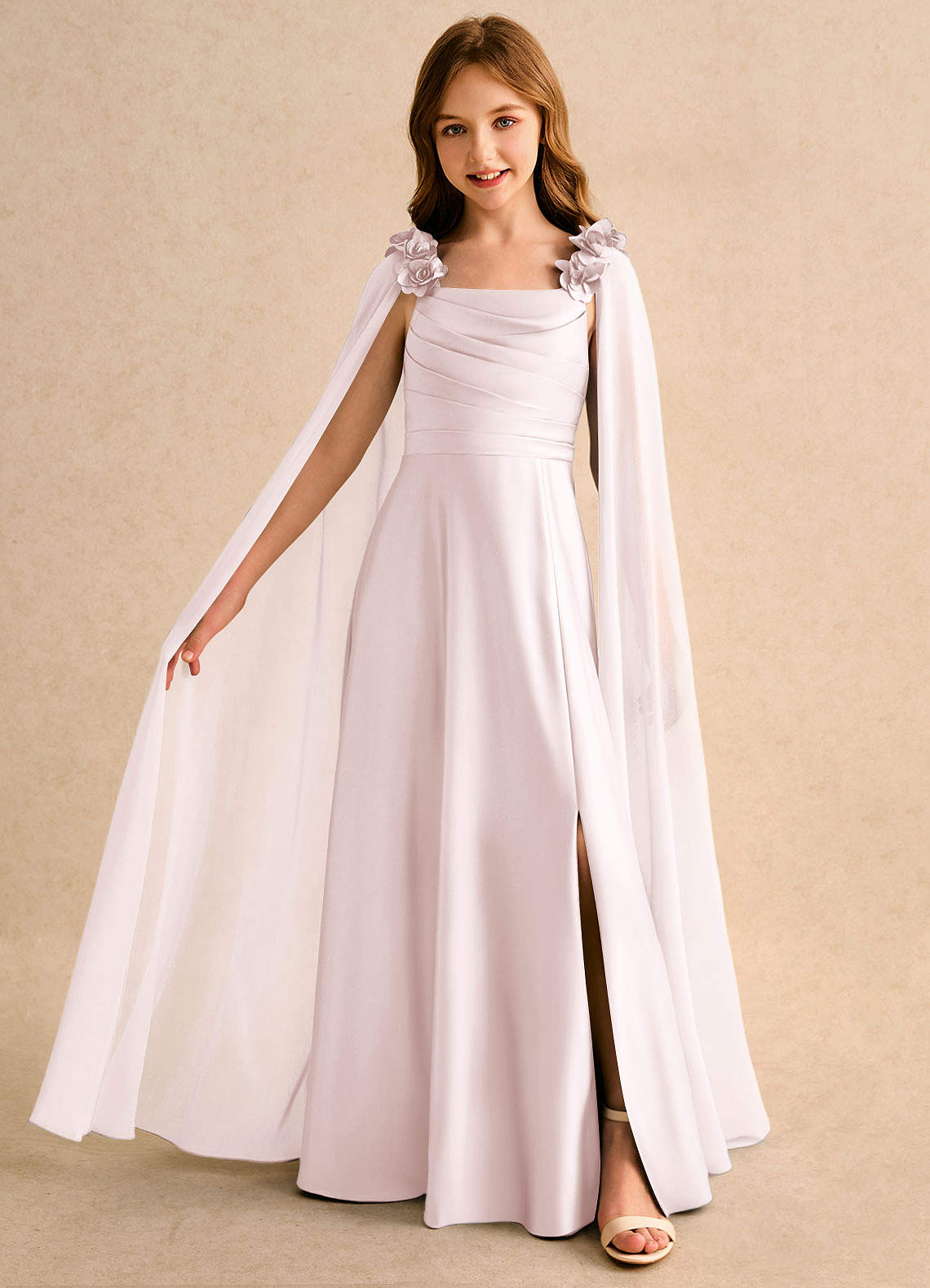 pink dresses girls Luxury Pink Satin Girl Dresses Square Collar Long Sleeve J137 DreamyVow