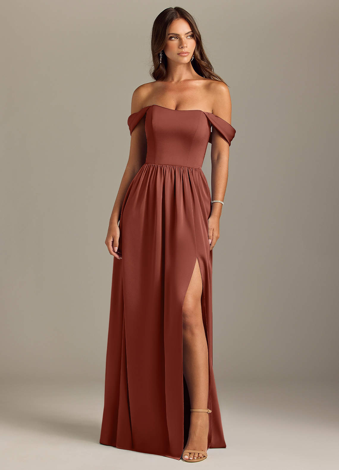 Azazie Calianna Bridesmaid Dresses Auburn A-Line Off the Shoulder Stretch Satin Convertible Dress image1