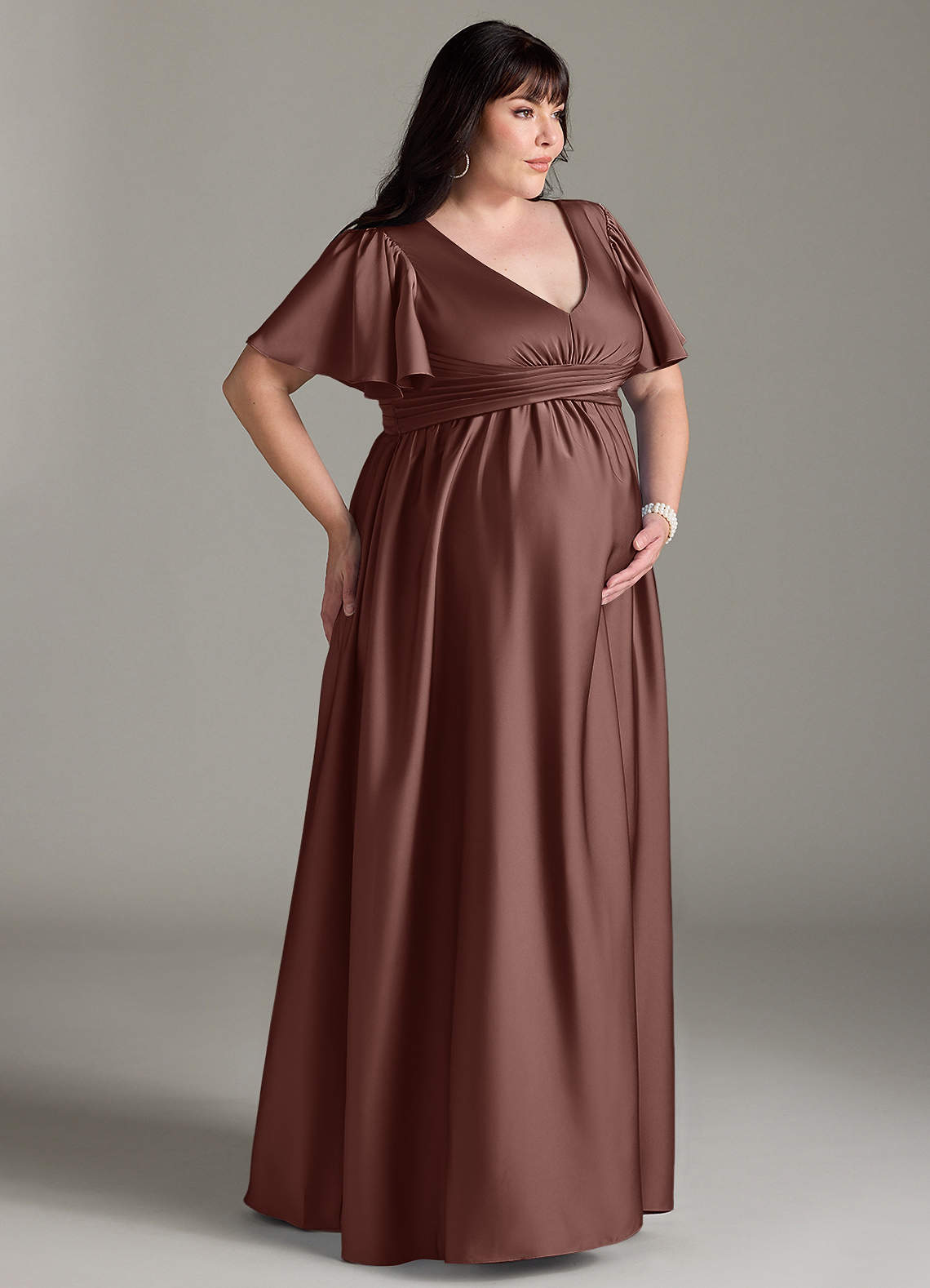 Azazie Verna vestidos de dama de honor de maternidad Vestido de Corte En A Volante Hasta el suelo Satén Elástico image11
