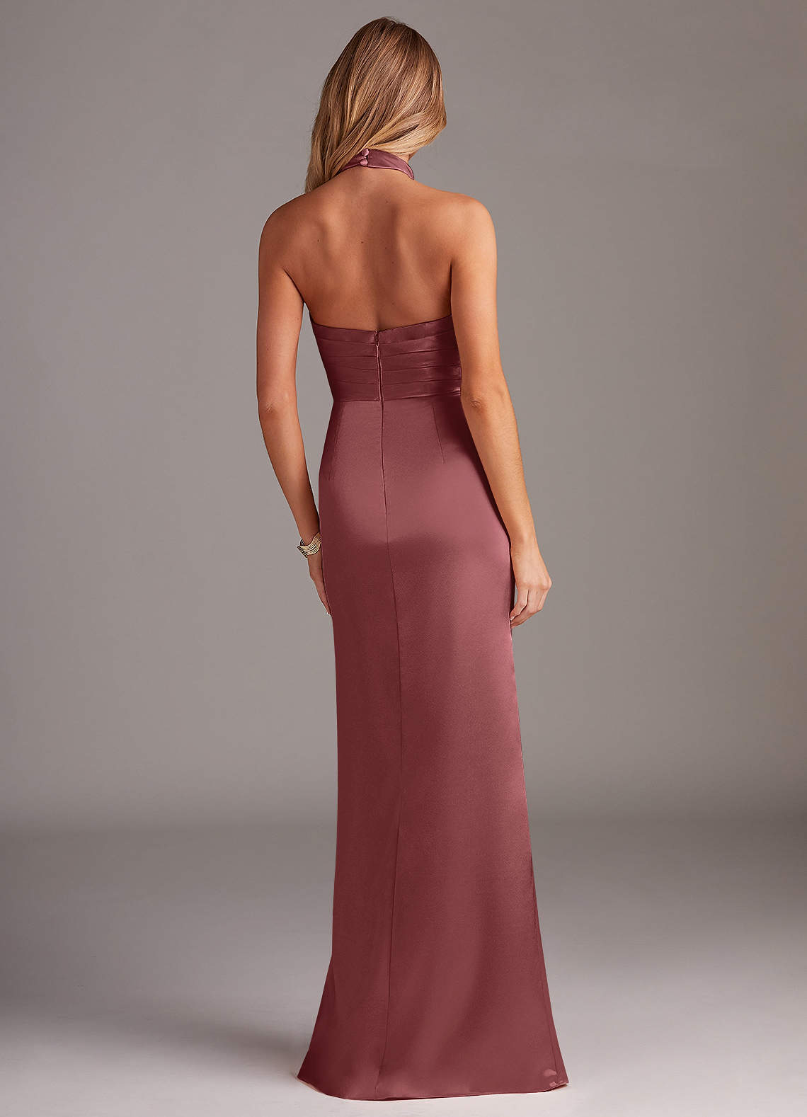 Azazie Jemma At-home Try On Dresses Amethyst Sheath Pleated Stretch Satin Dress image5