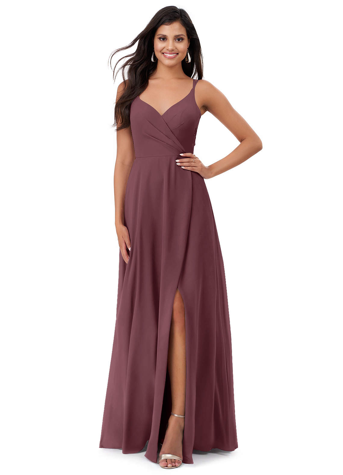 Azazie Lennon Brautjungfernkleider A-Linie Spitze Chiffon Kleid Sangria image1