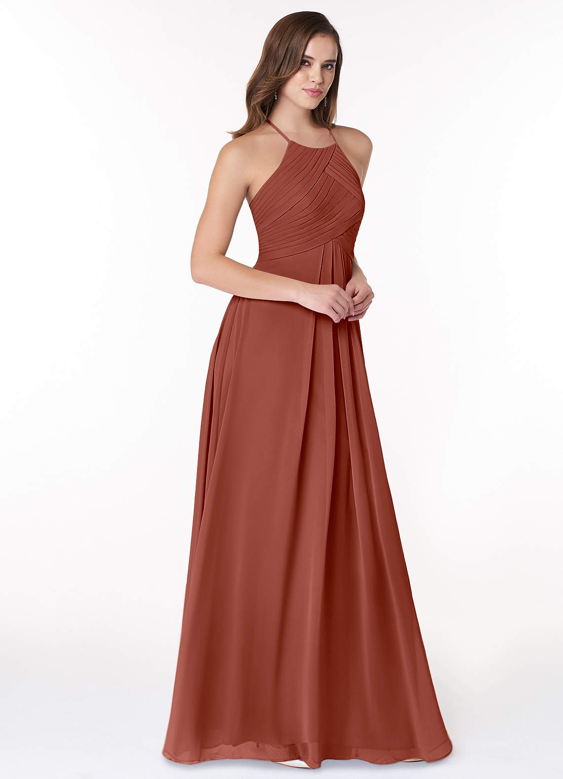 Azazie Ginger Robes de demoiselle d'honneur Robe Trapèze en Mousseline de soie Dos nu plissé Auburn image1