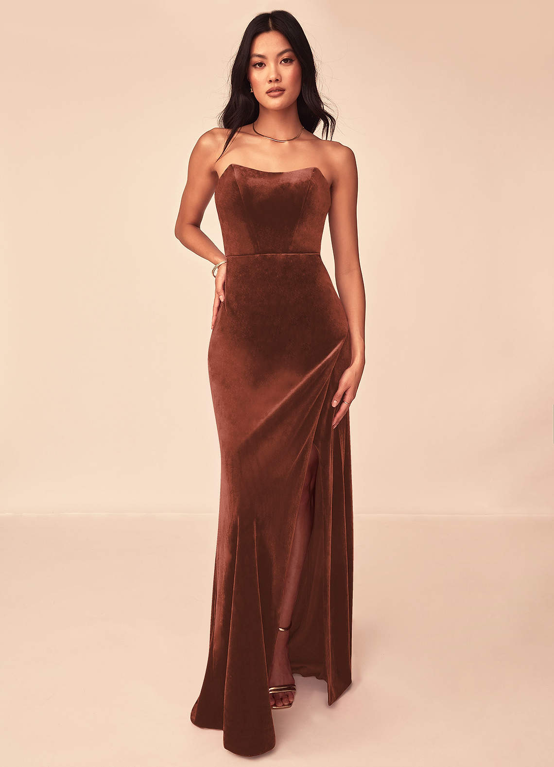Azazie Nereda Ready to Ship Terracotta Velvet Bridesmaid Dresses | Azazie
