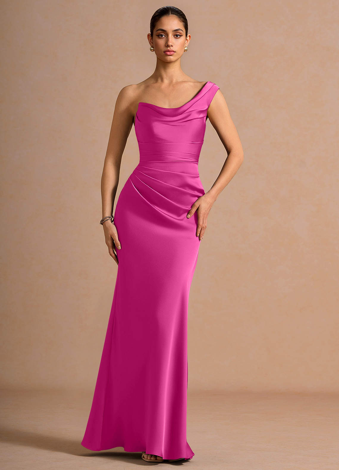 Azazie Maxi Dresses Mermaid Wedding Guest Formal Dresses Asymmetrical Hot Pink