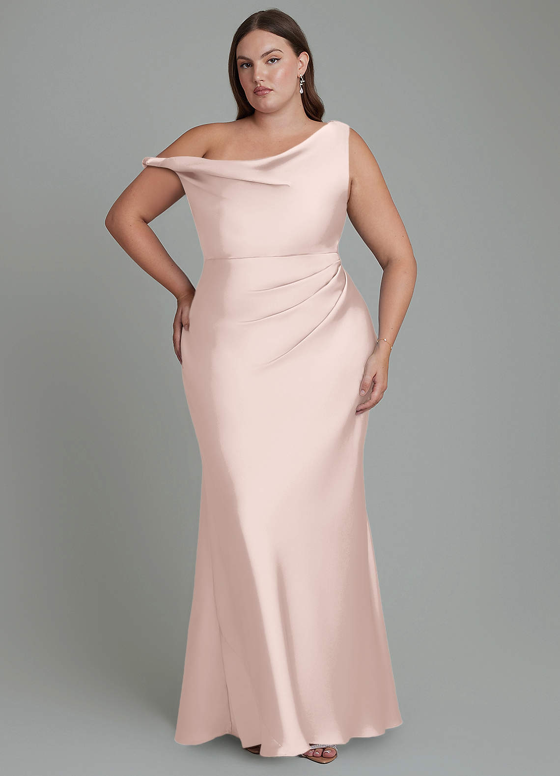 Azazie Emerson Bridesmaid Dresses Blushing Pink Mermaid Off the Shoulder Stretch Satin Dress image1