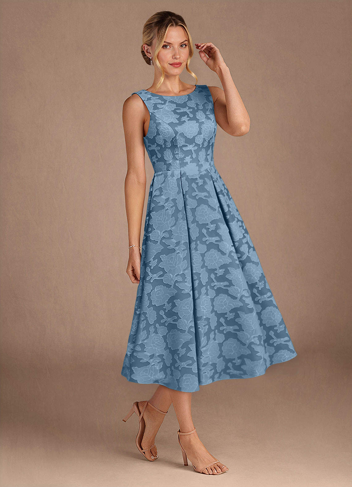 Azazie Fulton Mother of the Bride Dresses Steel Blue A-Line Pleated Floral Burnout Dress image1