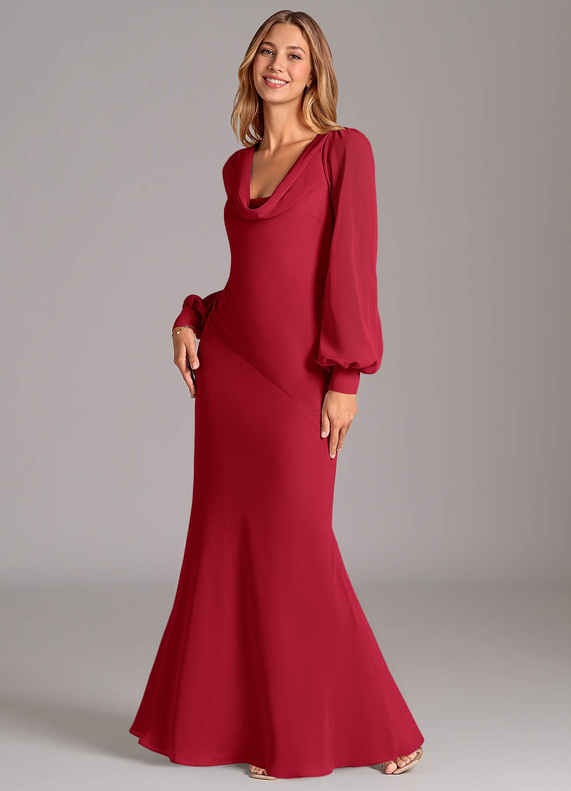 Azazie Jaxine Vestidos de damas de honor Vestido de Escarlata de Gasa de Corte Sirena con Manga larga image1