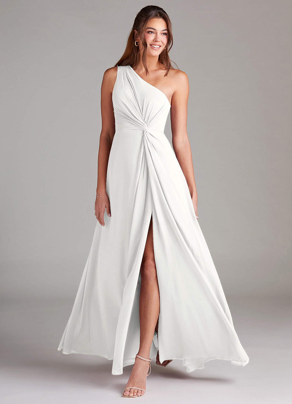 Azazie Brooke Jurken voor bruidsmeisjes Jurk van Chiffon met A-lijn One-shoulder Wit image2