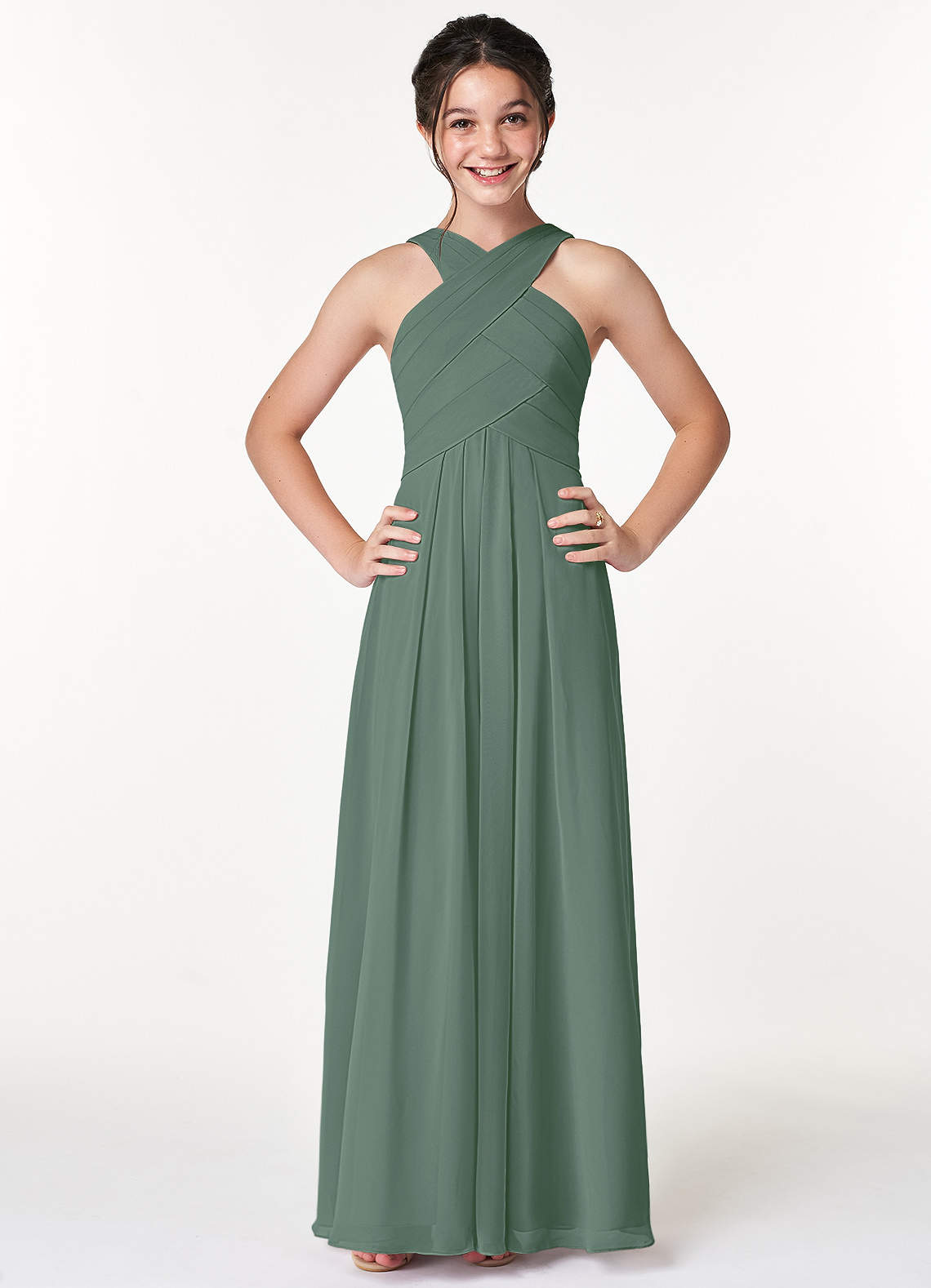 Azazie Kaleigh Junior Eucalyptus A-Line Pleated Chiffon Dress image1