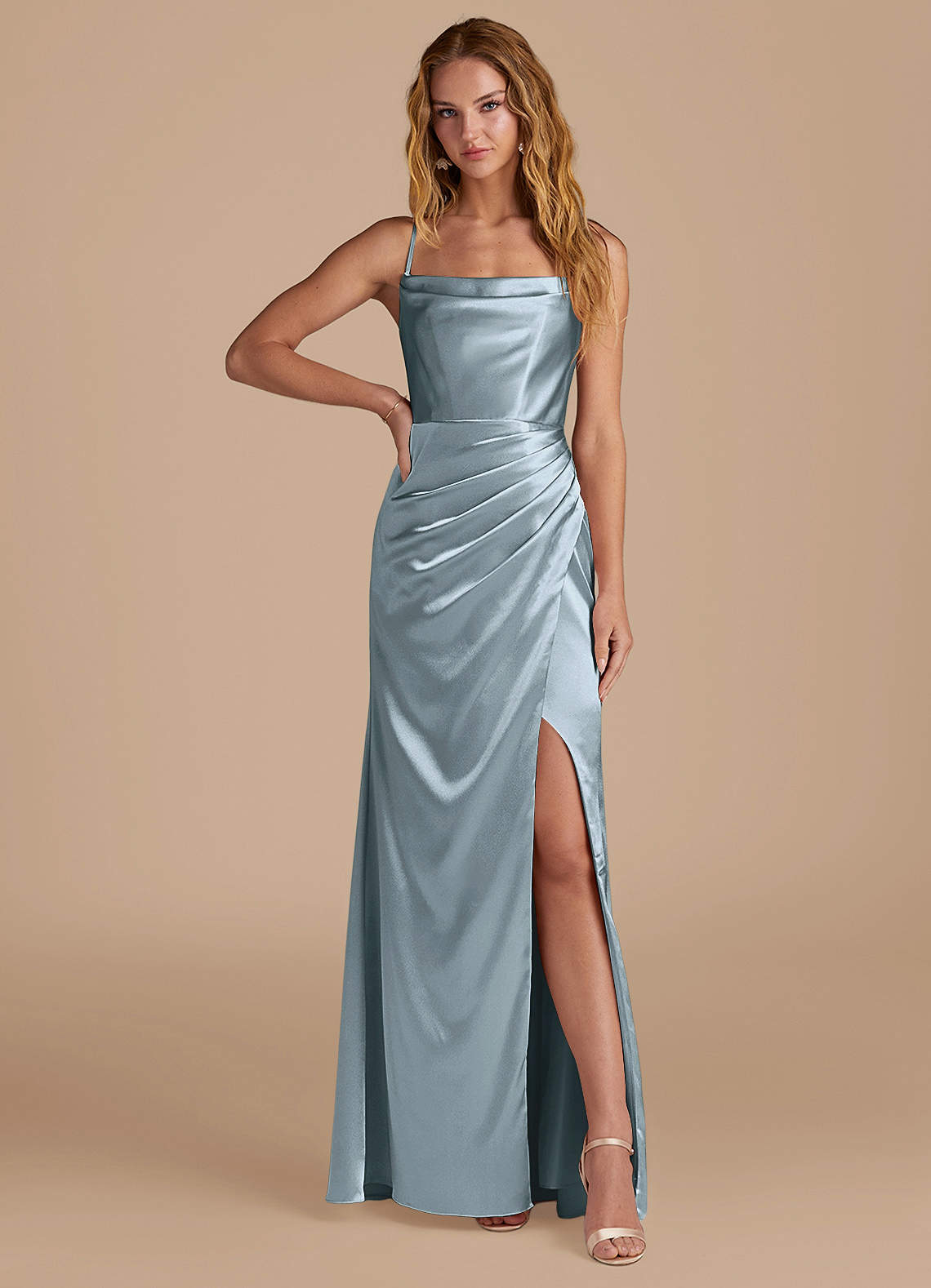 Azazie Marzia Bridesmaid Dresses Dusty Blue Mermaid Pleated Metallic Satin Dress image1