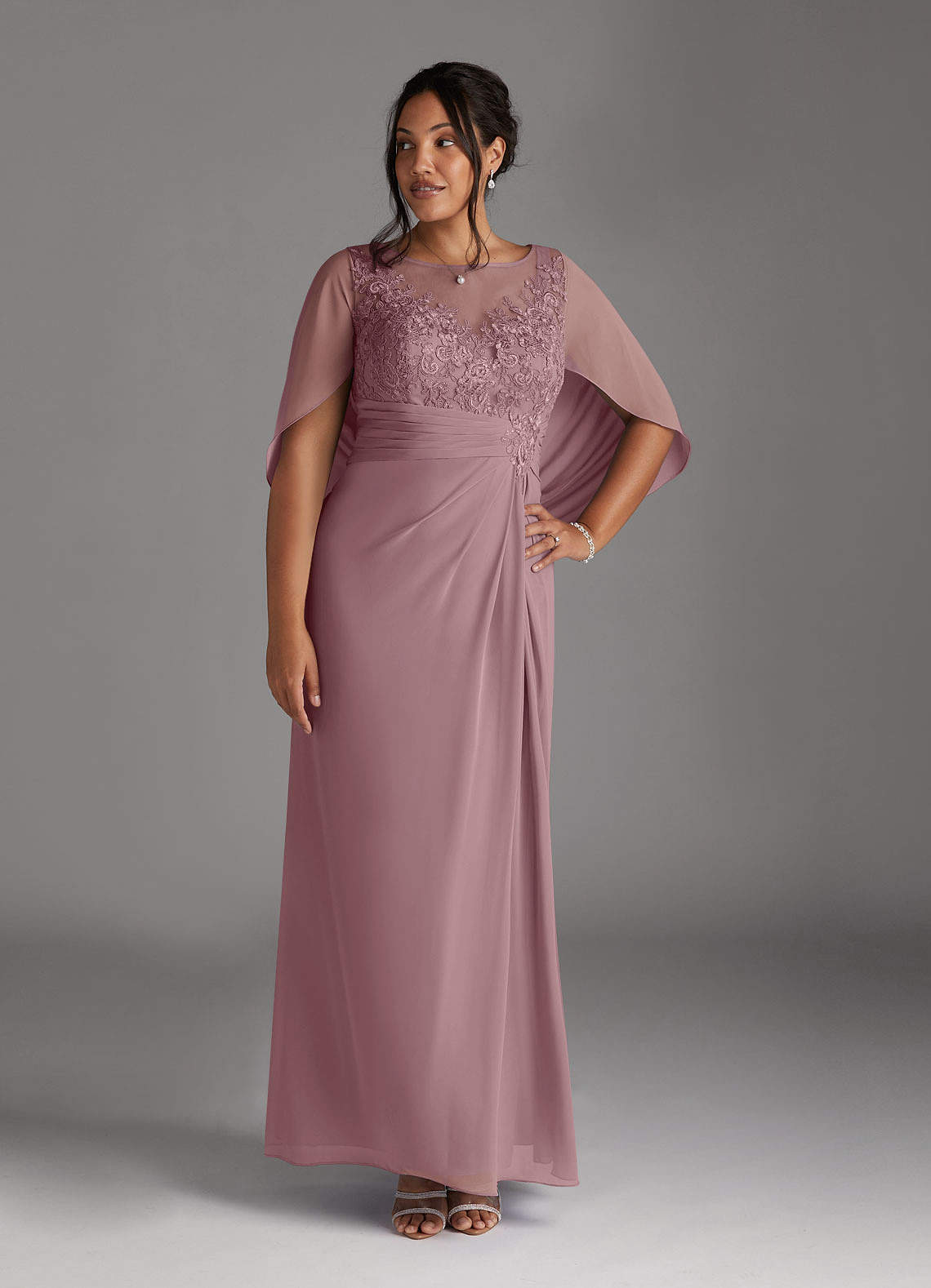 Azazie Hera Mother of the Bride Dresses Dusty Rose A-Line Lace Capelet Chiffon Dress image5