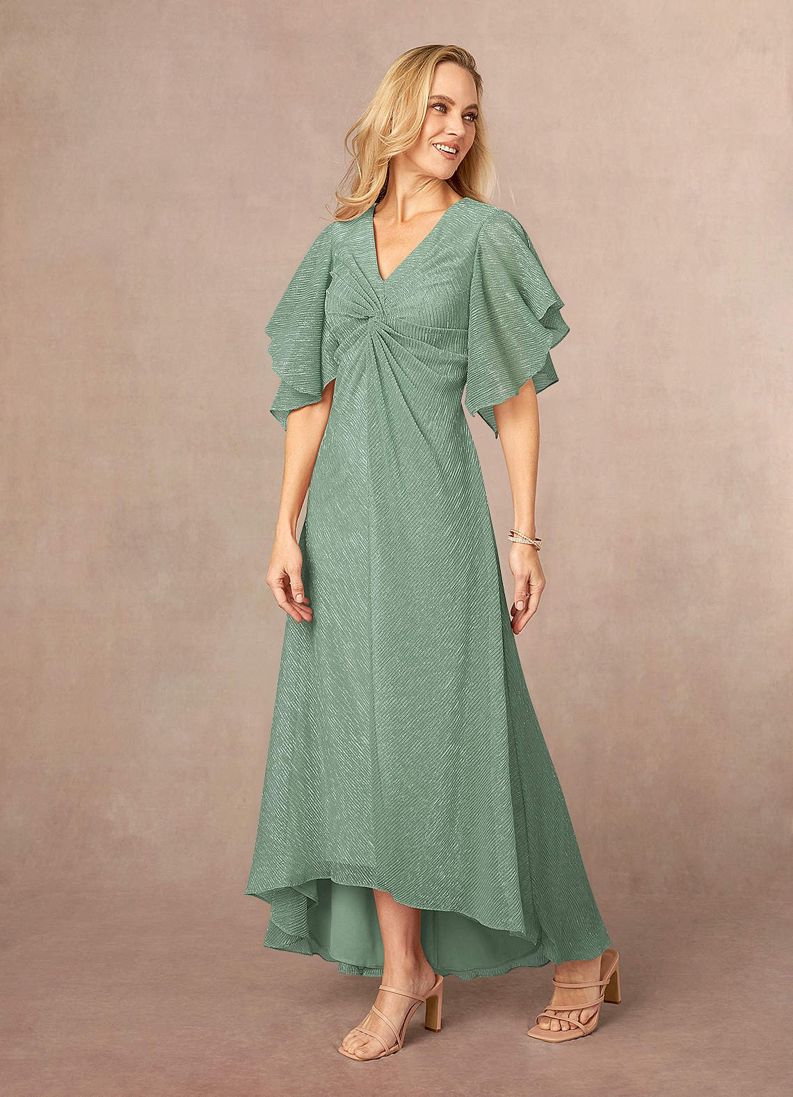 Azazie Mollina Mother of the Bride Dresses Aquamarine A-Line Ruffle Flutter Sleeve Metallic Mesh Dress image1