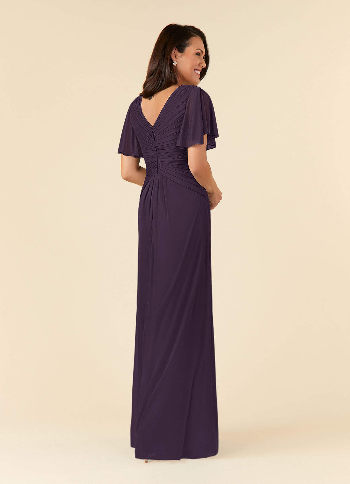 Azazie Emmeline Mother of the Bride Dresses Plum A-Line V-Neck Pleated Mesh Dress image3