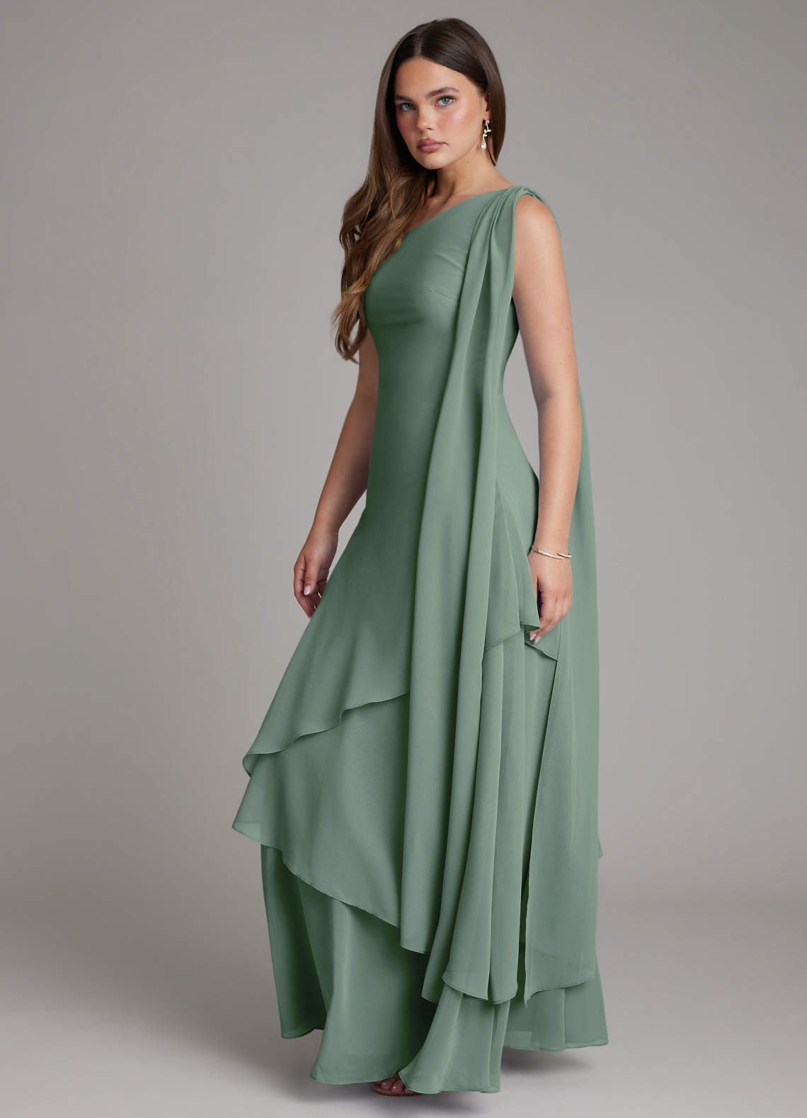 Azazie Monique At-home Try On Dresses Eucalyptus A-Line One Shoulder Chiffon Dress image2