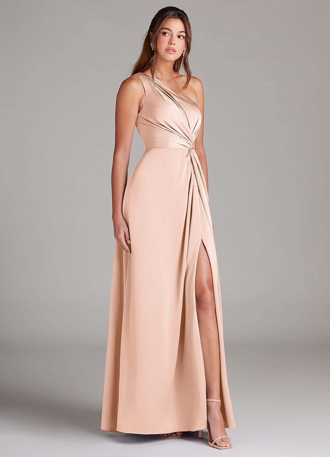 Azazie Brooke Vestidos de madrinha de casamento Vestido Rosa Corado de Cetim elástico de Linha A com Um ombro image3
