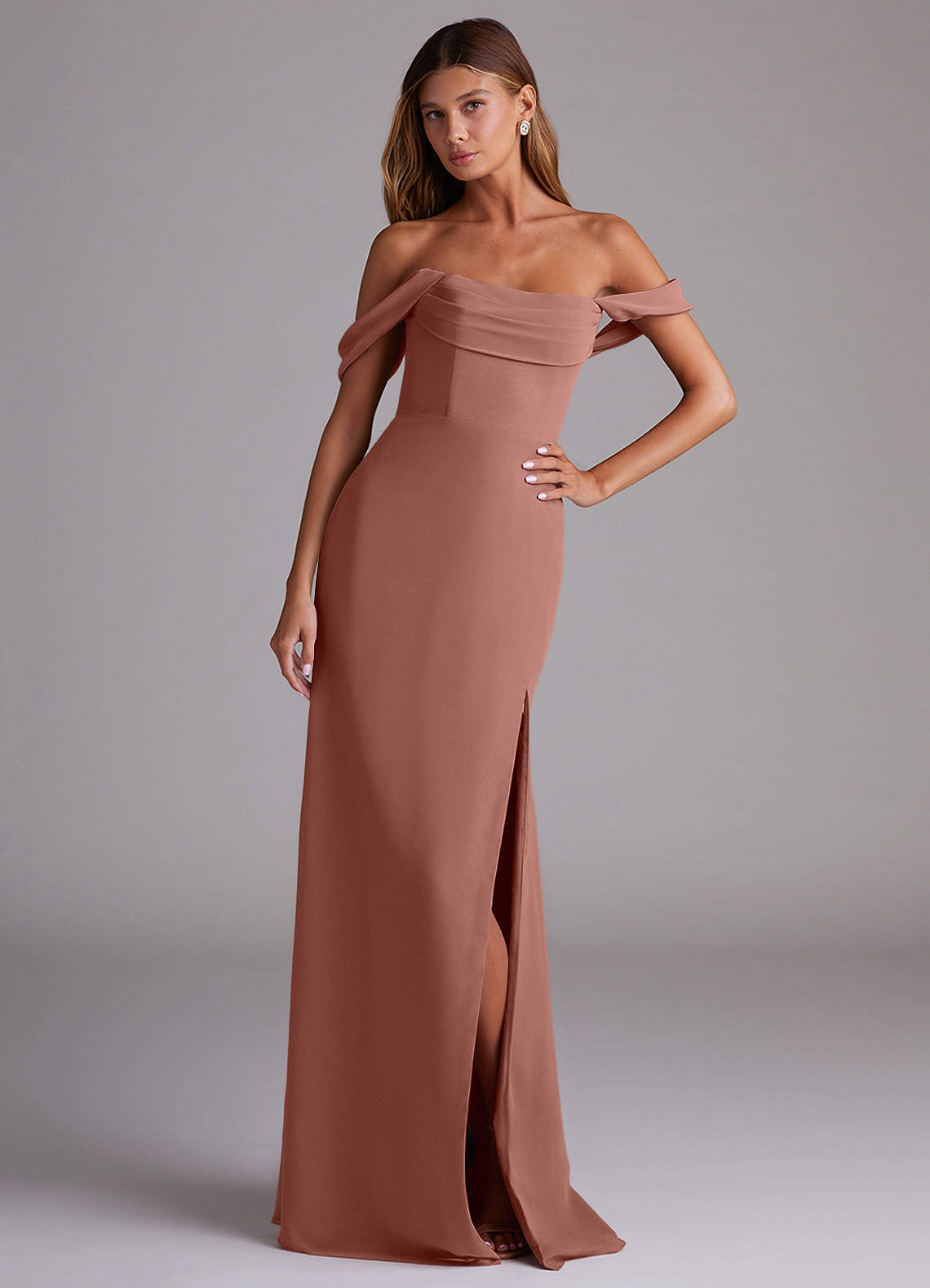 Azazie Saige Bridesmaid Dresses Cedar Rose A-Line Off the Shoulder Chiffon Convertible Dress image3