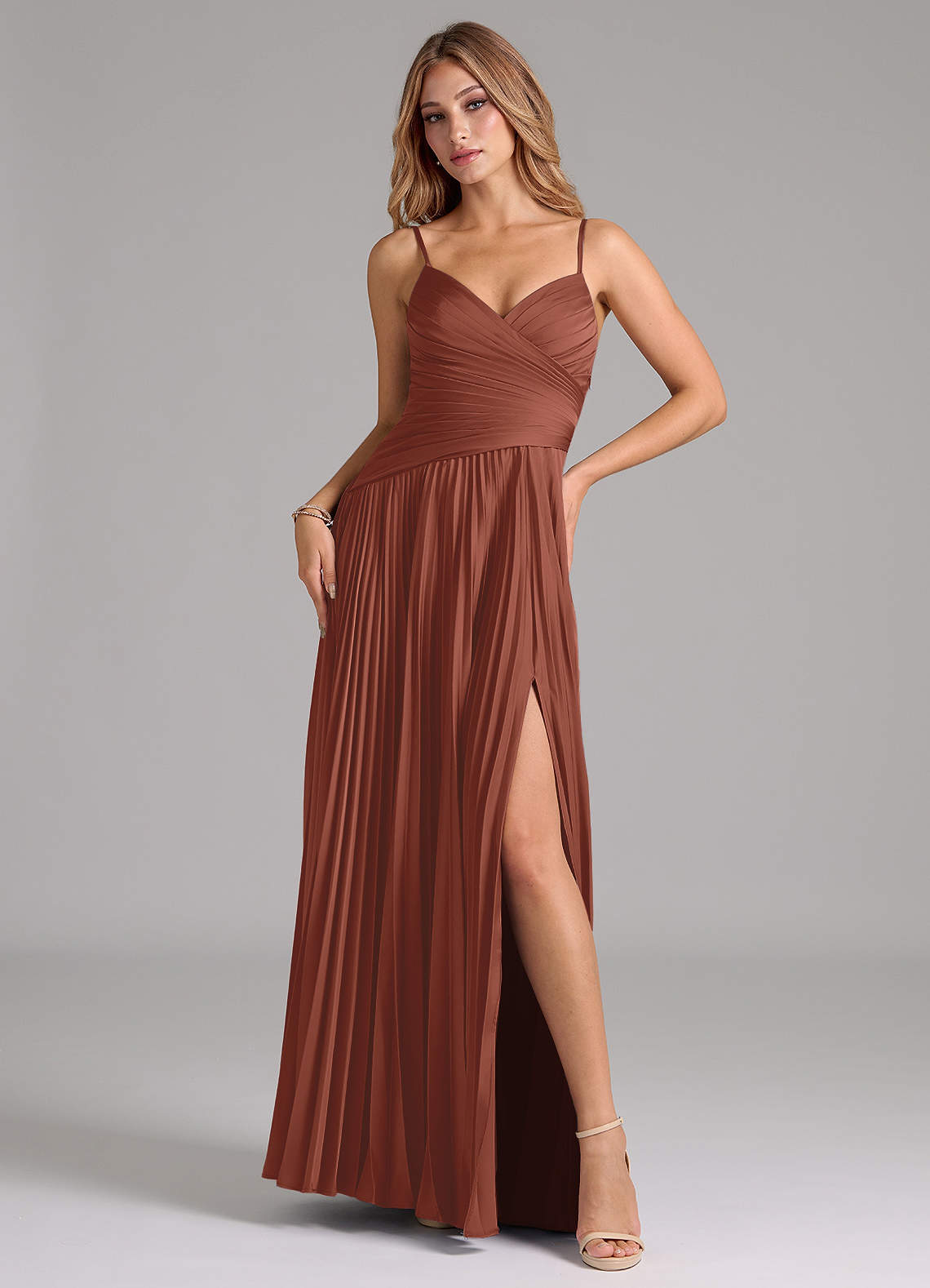 Azazie Vini Bridesmaid Dresses Auburn A-Line Pleated Stretch Satin Dress image1