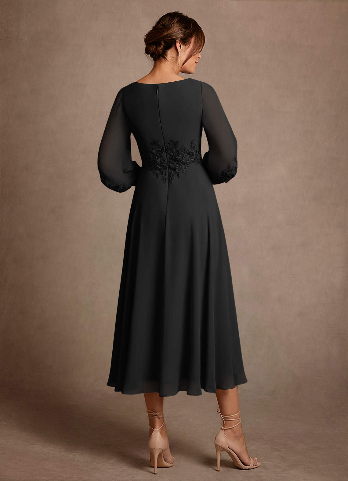 Azazie Ana Vestidos para mãe da noiva Vestido Preto de Chiffon de Linha A com Renda image2