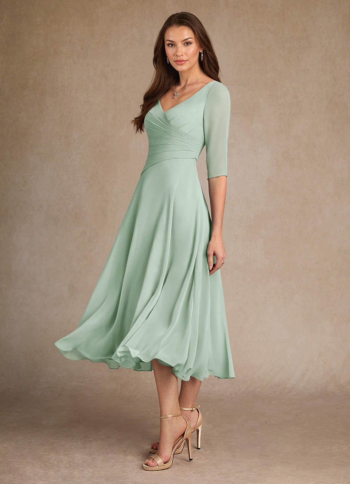 chiffon tea length dress Knee Length Long Sleeves Chiffon Wholesale Wedding Guest Dresses main image 0