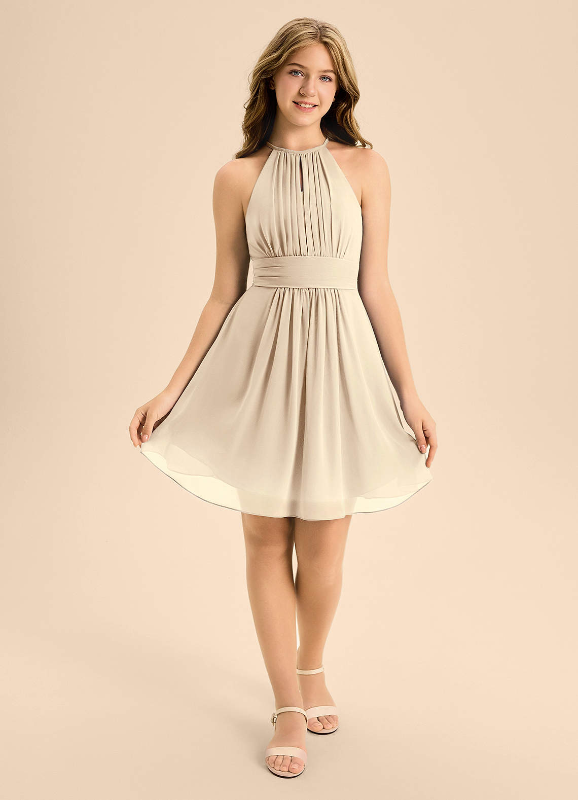 Azazie Bonnie Junior Champagne A-Line Pleated Chiffon Dress image1
