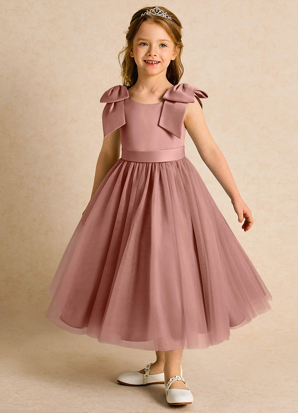 Azazie Serene Abiti da Ragazza di Fiori Abito Principessa in Raso Opaco Fiocco Cedro Rosa image1