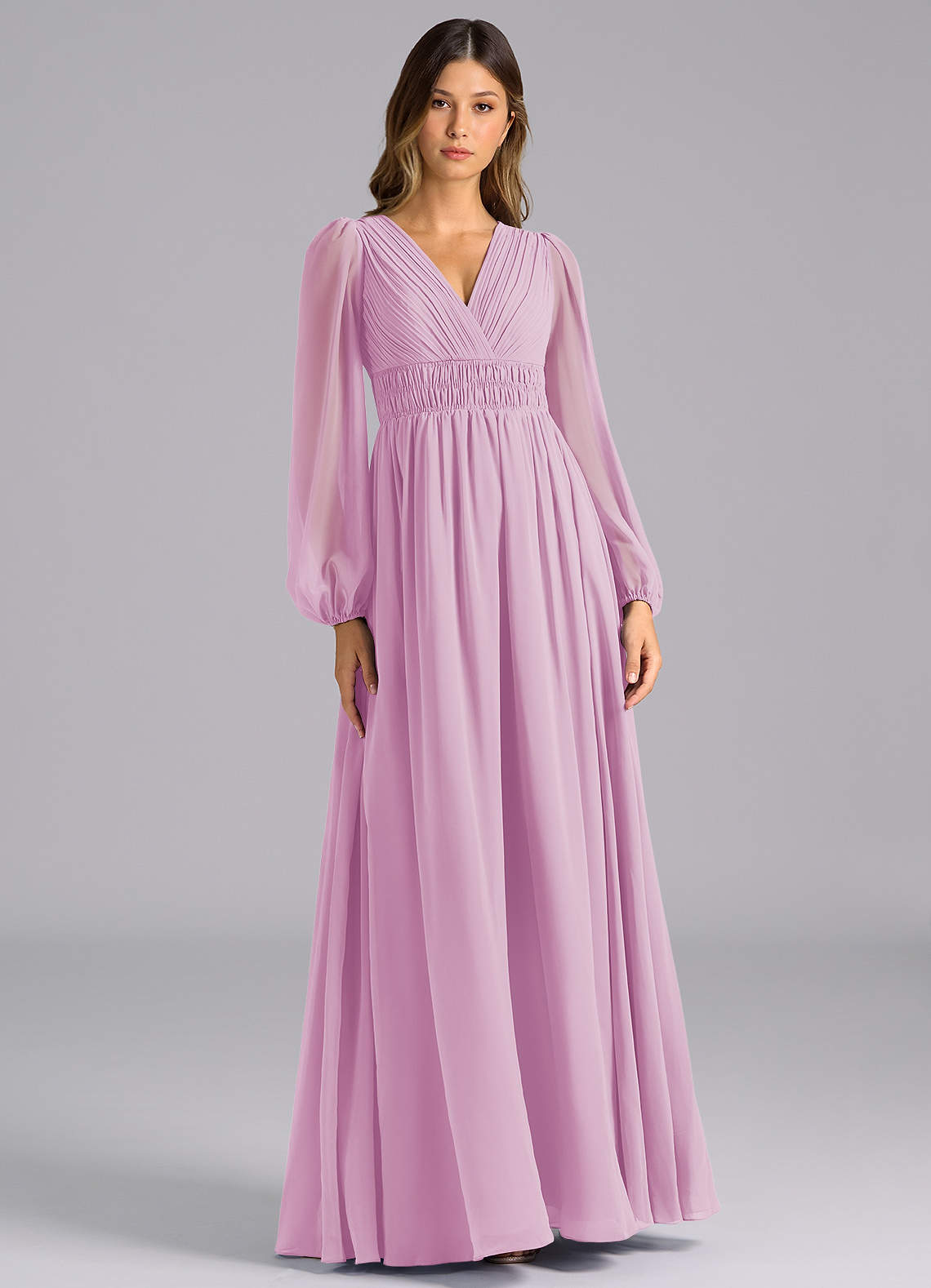 Azazie Palerma Bridesmaid Dresses Candy Pink A-Line Long Sleeve Chiffon Dress image1