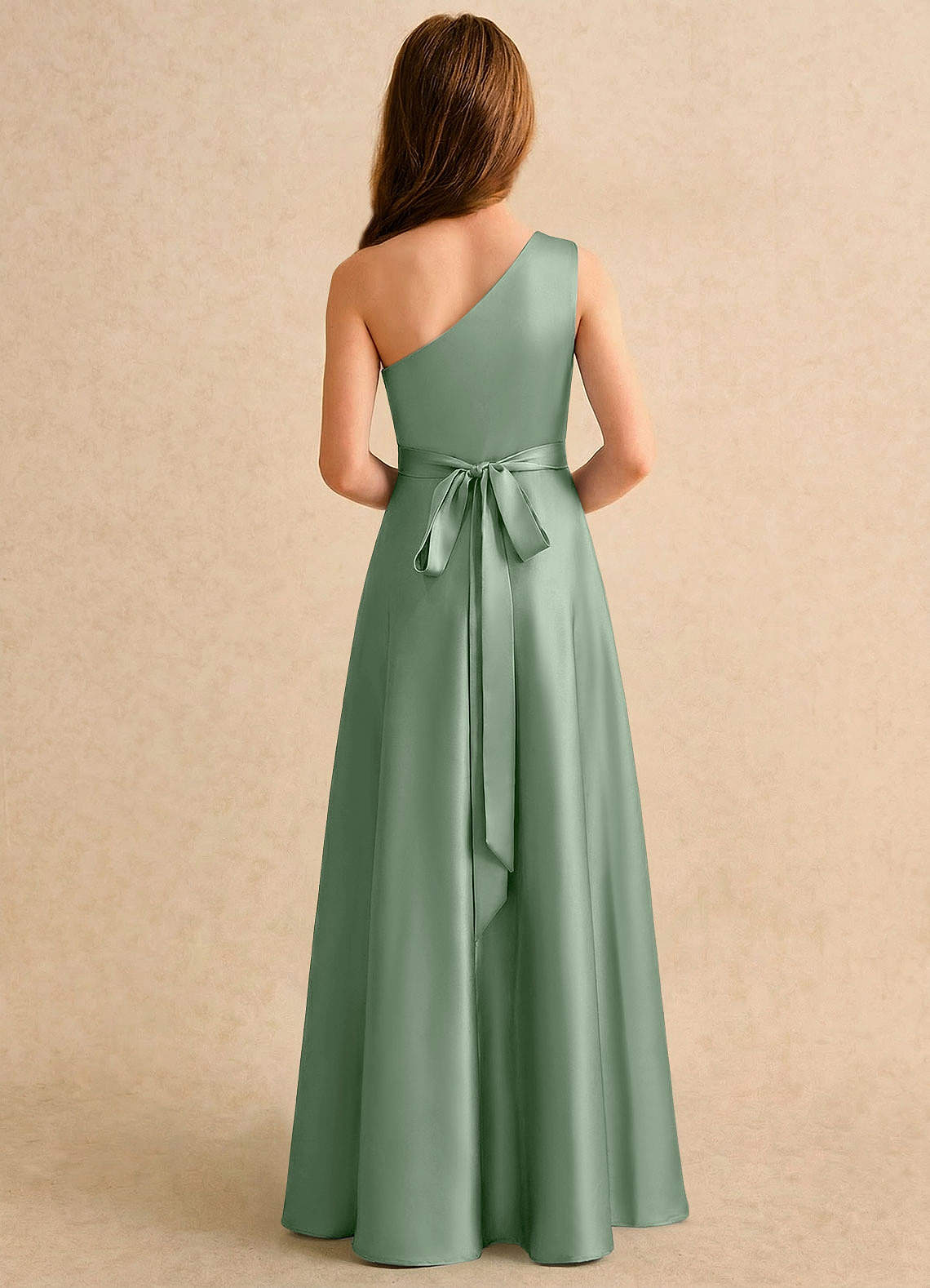 Azazie Puddles Girls Formal Robe Demoiselle D'honneur Fillette Robe Trapèze en Satin extensible Une épaule Matcha image1