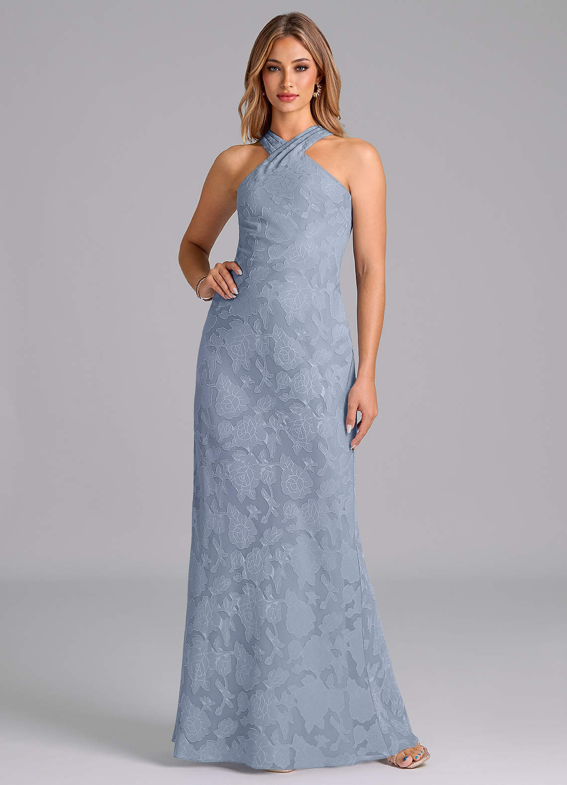 Azazie Doretta Bridesmaid Dresses Dusty Blue Mermaid Pleated Floral Burnout Dress image1