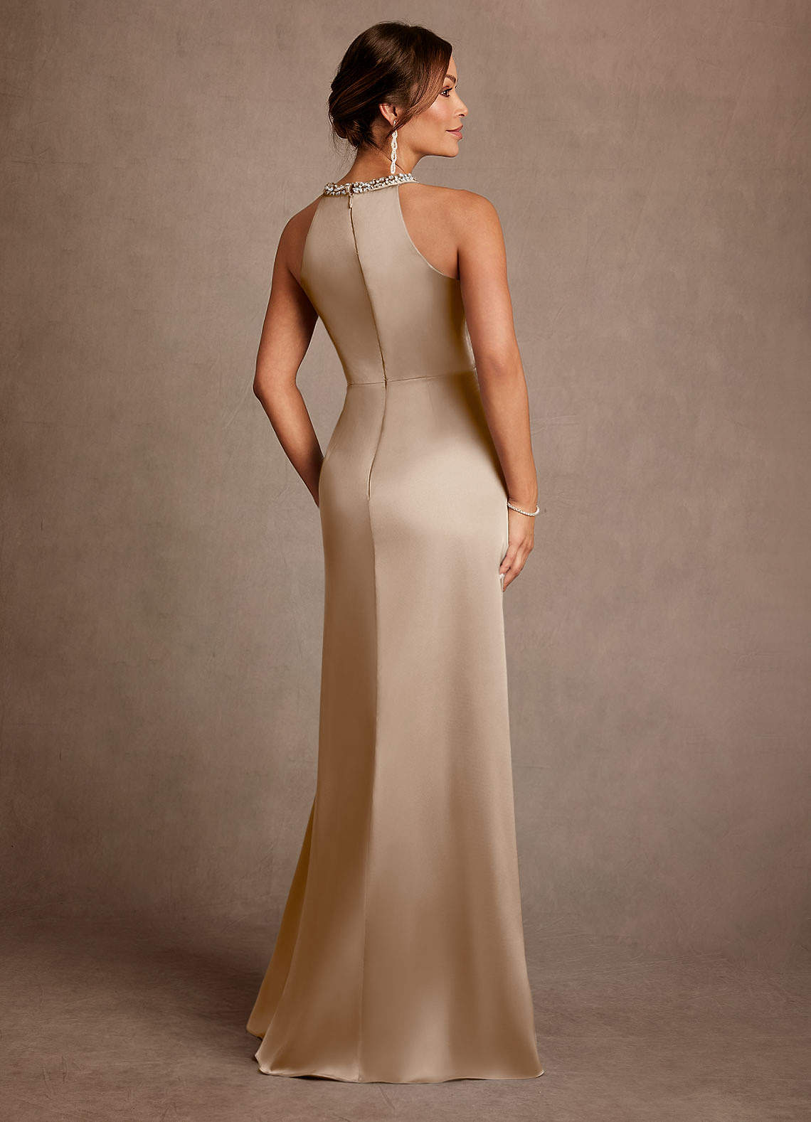 Azazie Lawrence Mother of the Bride Dresses Taupe A-Line Pleated Stretch Satin Dress image2