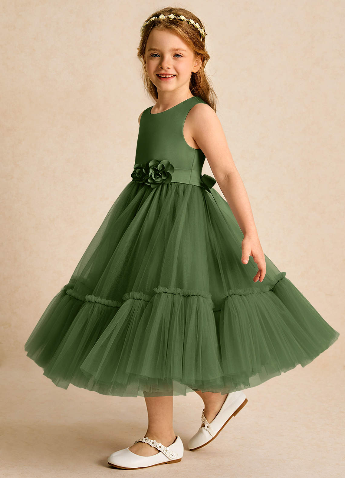 Azazie Miracle Flower Girl Dresses Olive A-Line Bow Matte Satin Dress image2