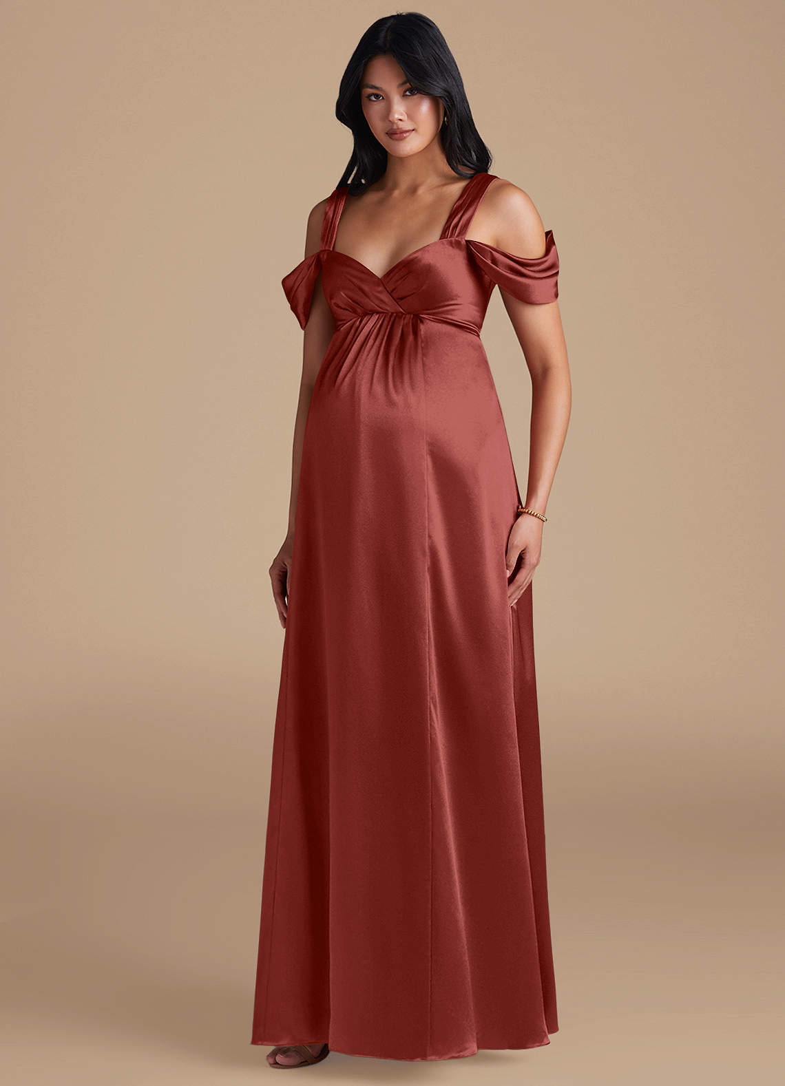 Azazie Rhea Maternity Bridesmaid Dresses A-Line Pleated Metallic Satin Floor-Length Dress image1
