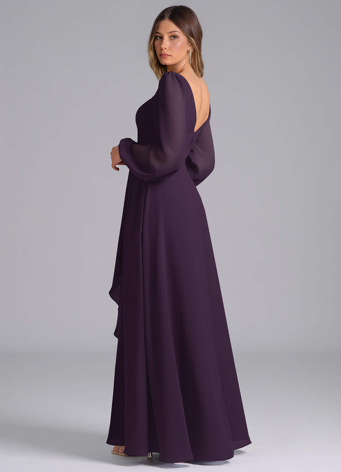 Azazie A-Line V-Neck Long Sleeve Floor-Length Chiffon Bridesmaid Dresses - Plum