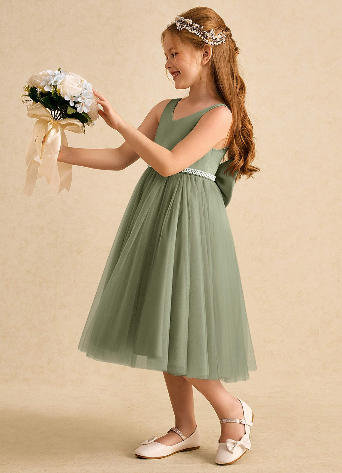 Azazie Firefly Flower Girl Dresses Pistachio A-Line Bow Matte Satin Dress image1