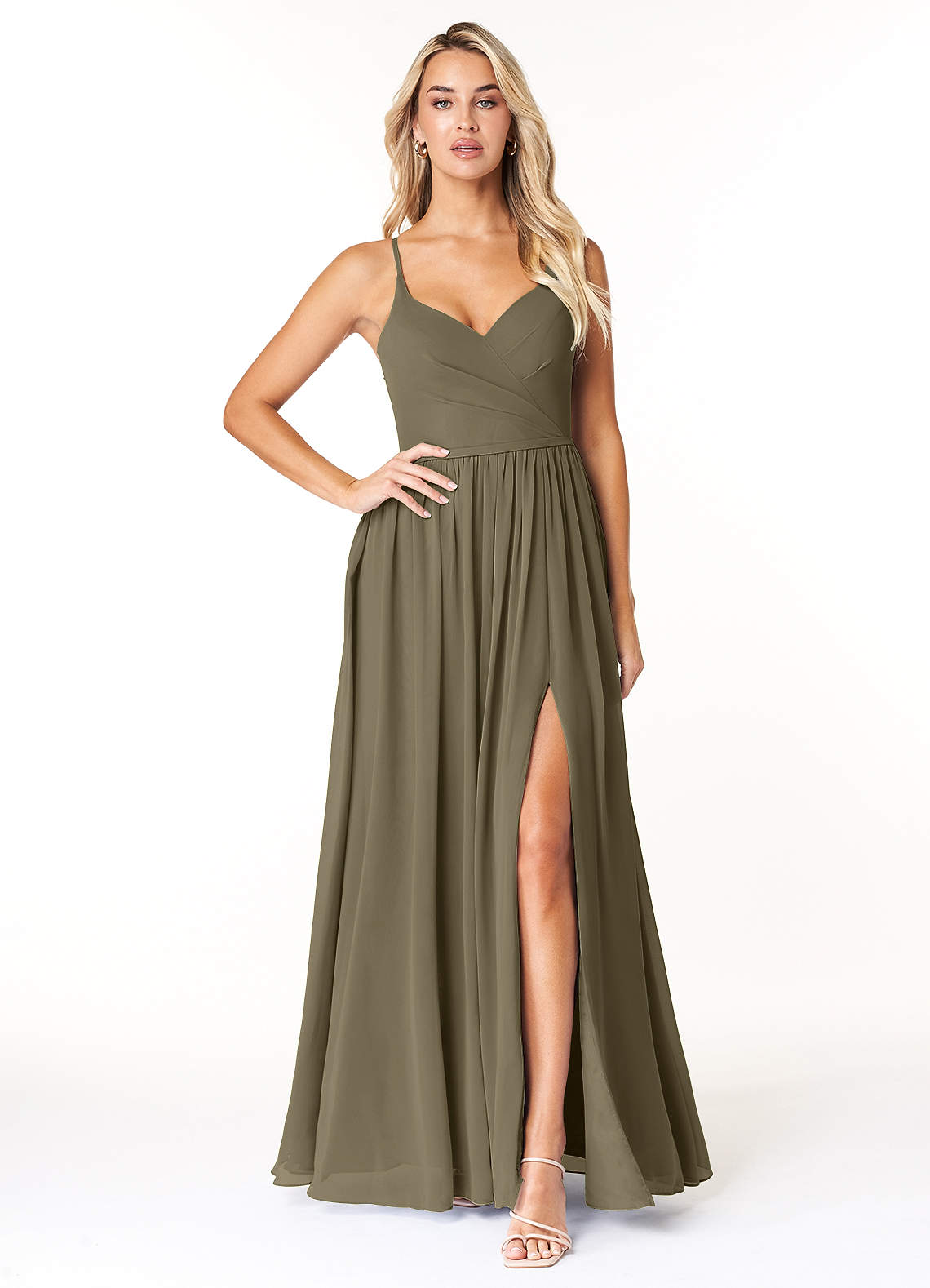 Azazie Dominic Bridesmaid Dresses Willow Green A-Line V-Neck Pleated Chiffon Dress image1