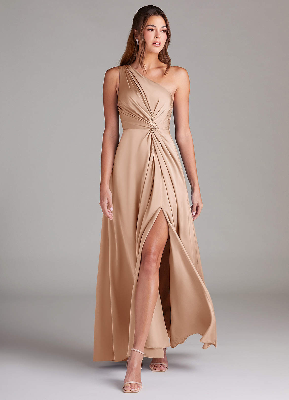 Azazie Brooke Bridesmaid Dresses English Rose A-Line One Shoulder Stretch Satin Dress image2